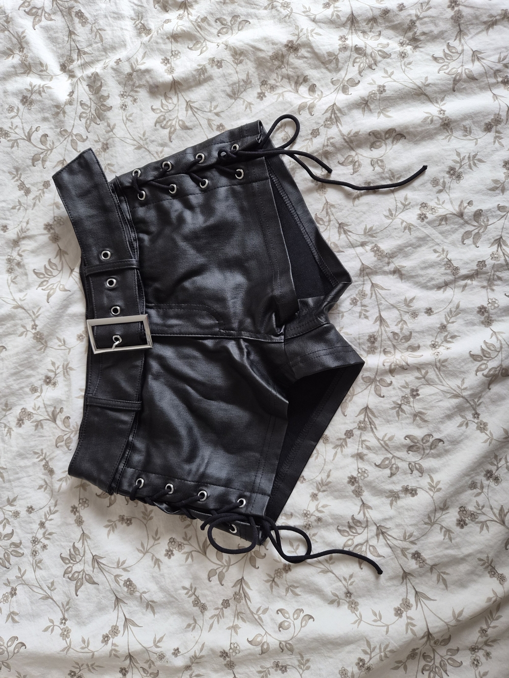 SHEIN Black Faux Leather Lace-Up Belted Shorts
